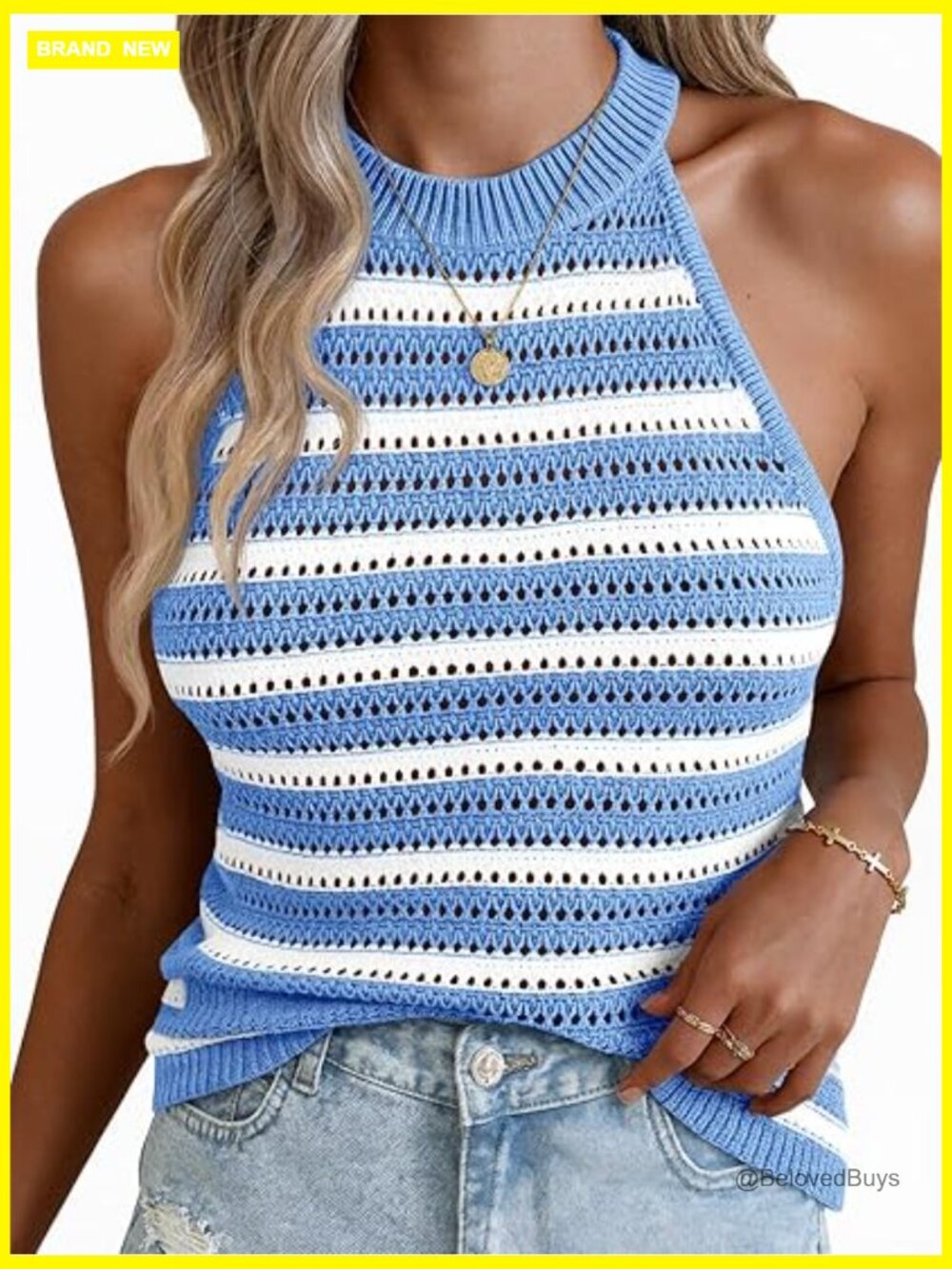 Striped Crochet Halter Top Sleeveless Knit Tank Casual Loose Fit Summer Vest